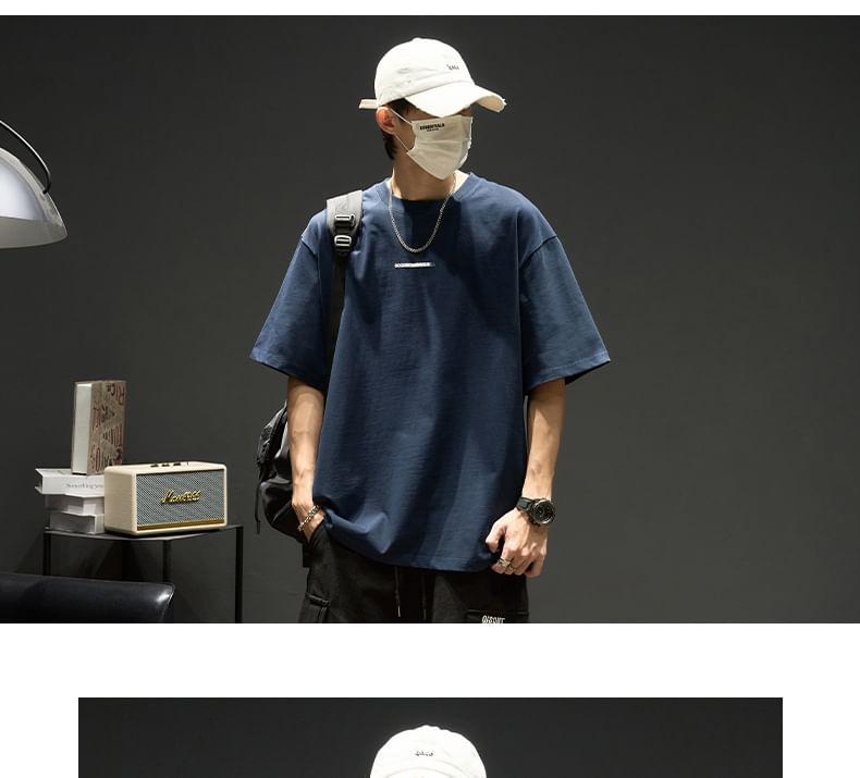 Short-Sleeve Round Neck Lettering Embroidered T-Shirt Product Image