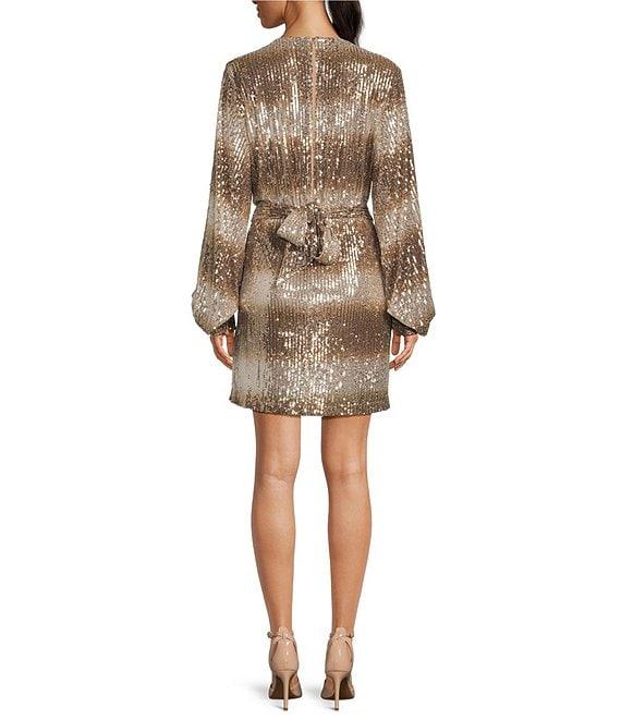 Belle by Badgley Mischka Jenna Sequin Ombre Crew Neck Long Sleeve Tie Sash Sheath Dress Product Image