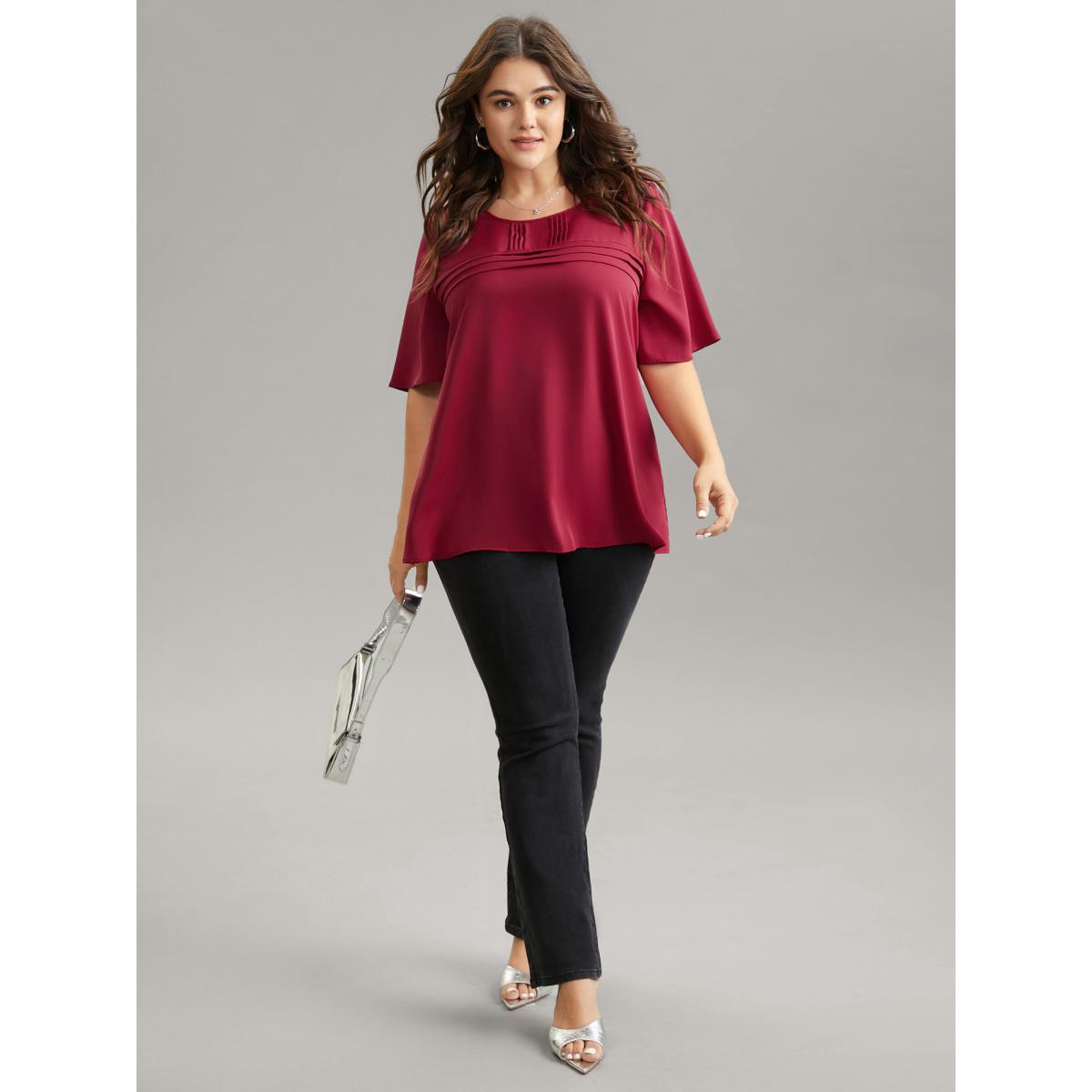 Plus Size RedViolet Solid Pleated Crew Neck Blouse Women Work From Home Short sleeve Round Neck Work Blouses BloomChic 14-16/1X Product Image