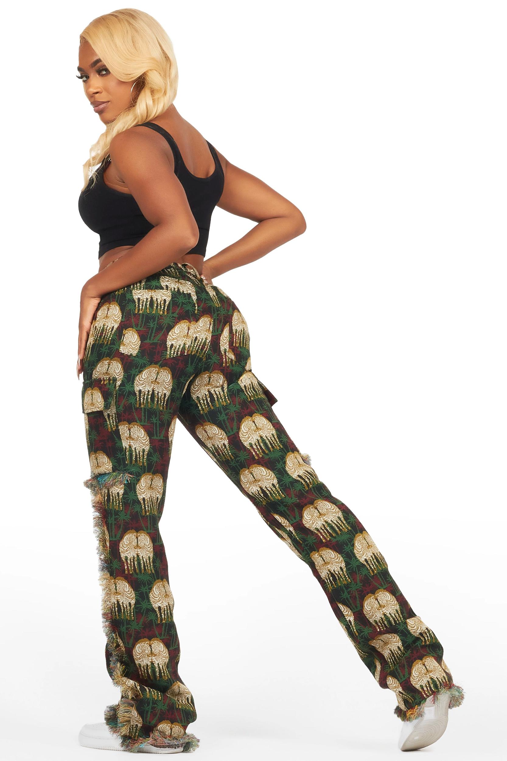 Zeontee Black Animal Print Cargo Tapestry Stacked Pant Female Product Image