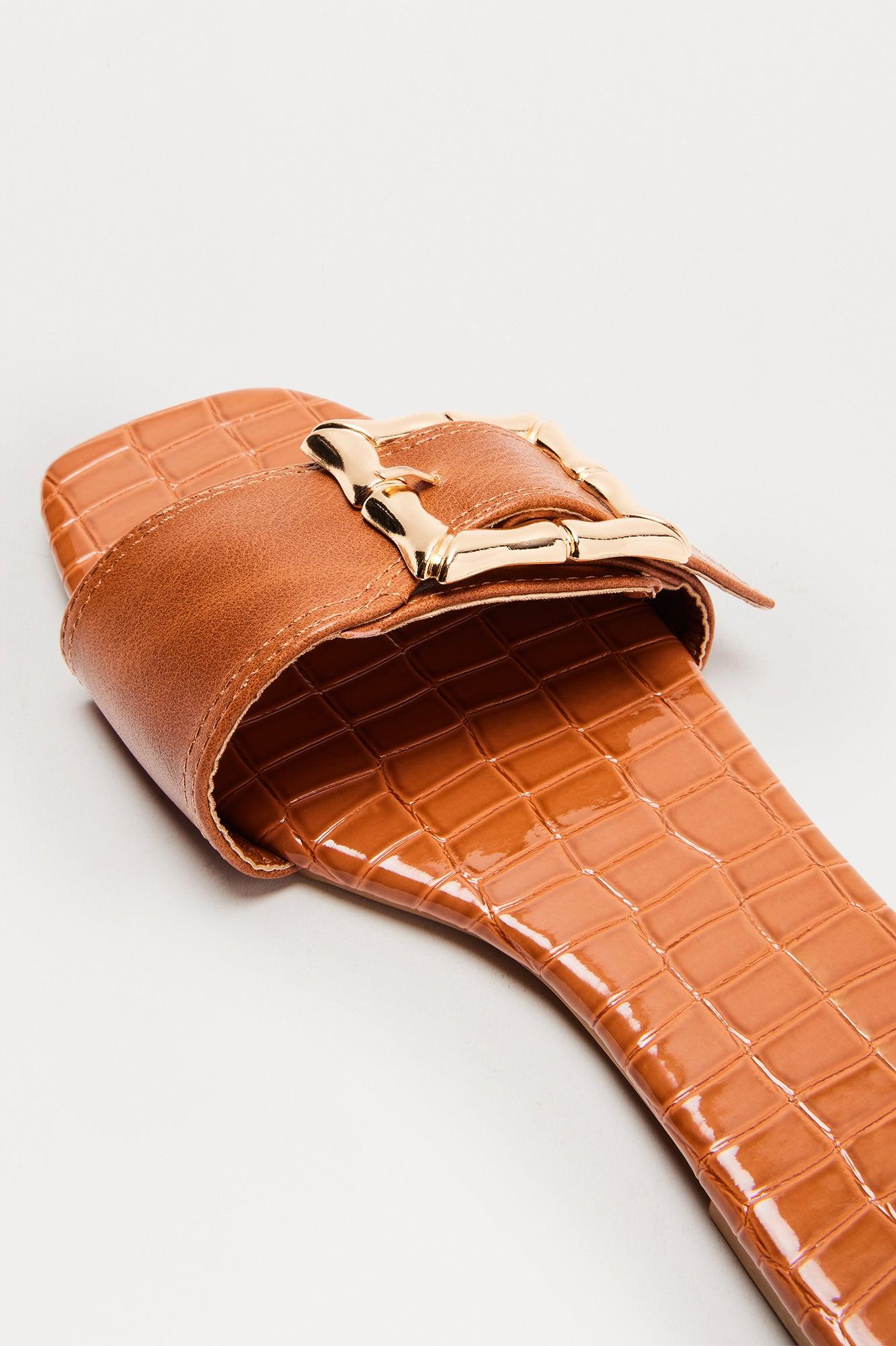 Lenny Buckle Faux Leather Croc Sandals - Tan Product Image