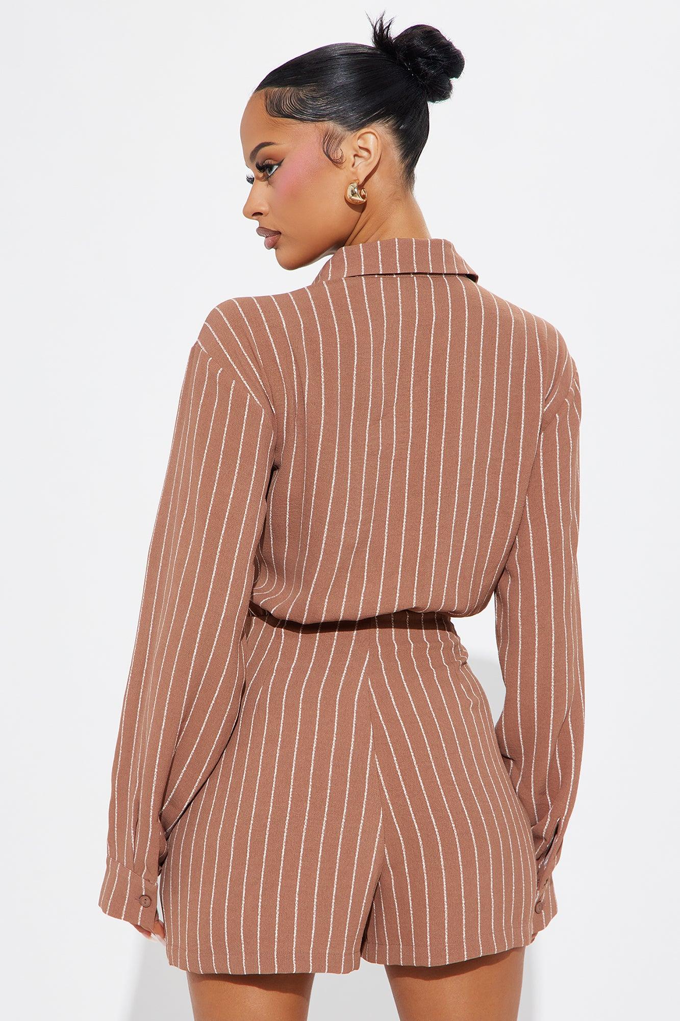 Clock In Pinstripe Romper - Brown Product Image