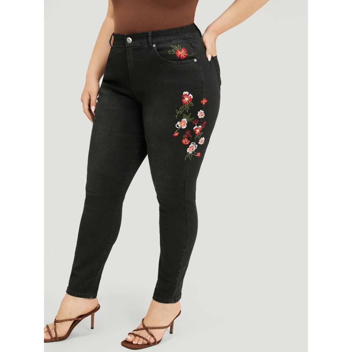 Plus Size Very Stretchy High Rise Black Wash Floral Embroidered Jeans Women Black Casual Plain Embroidered High stretch Pocket Jeans BloomChic 18/2X Product Image