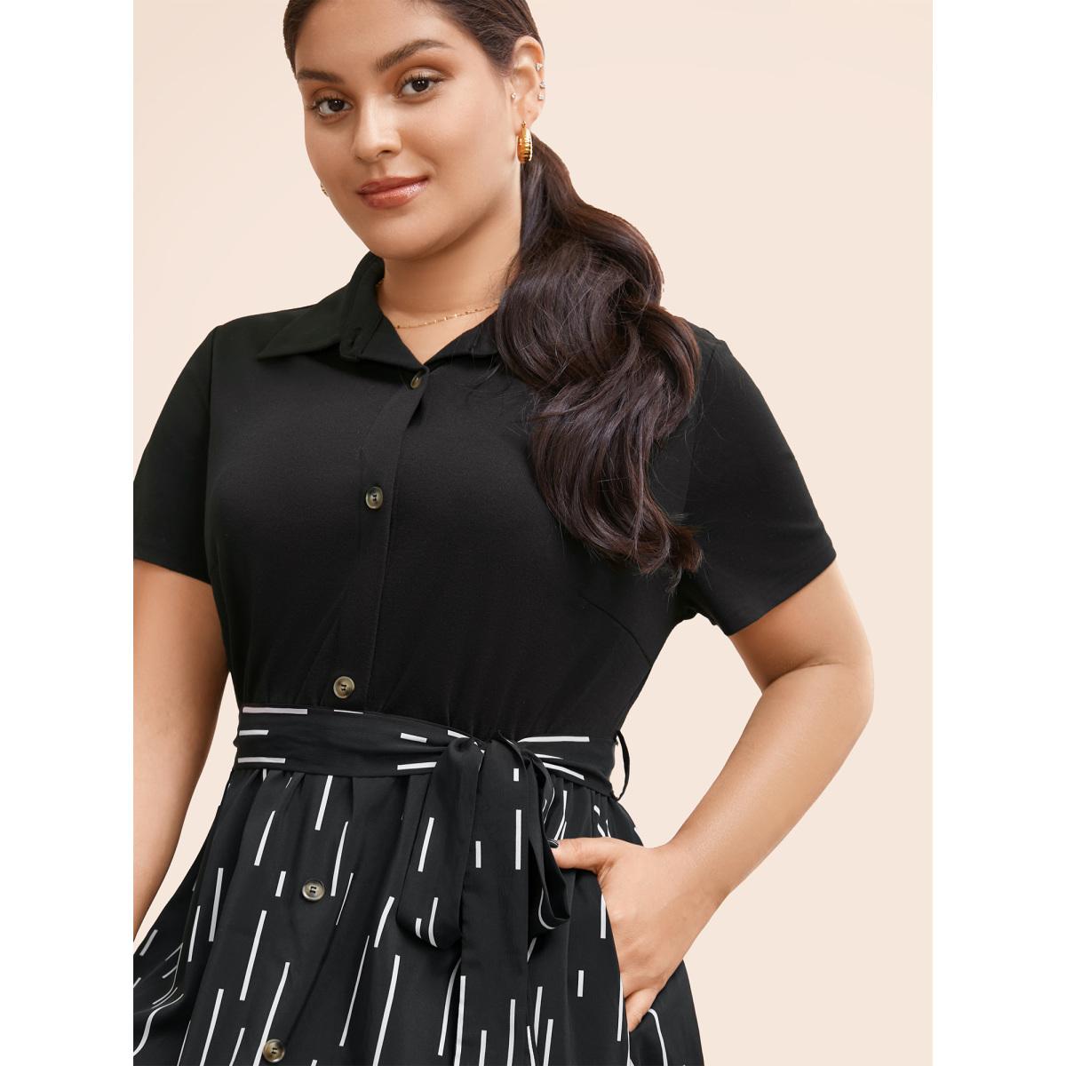 Plus Size Striped Patchwork Button Detail Belted Dress Black Women Workwear Essentials Belted Shirt collar Short sleeve Curvy BloomChic 30/6X Product Image