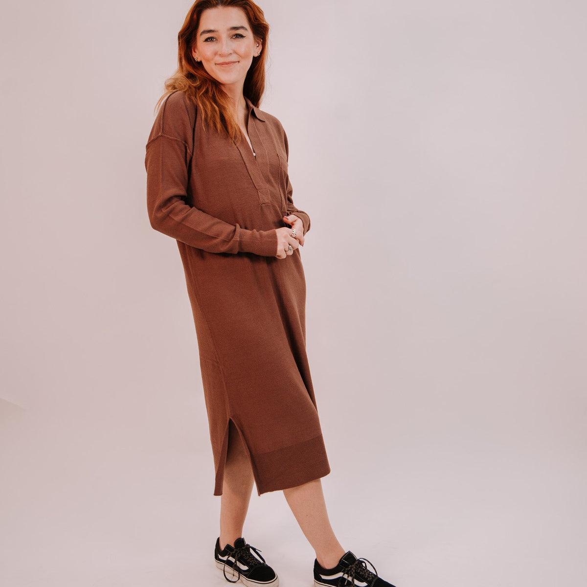 By Together Knit Sweater Long Sleeve Collar Neck Dress - Chocolate Product Image