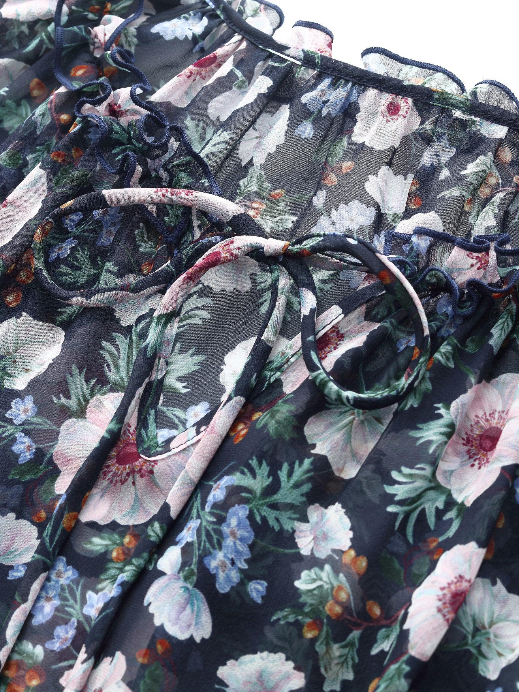 10MM Mulberry Silk Floral Print Women Ruffle Collar Midi Dress Product Image