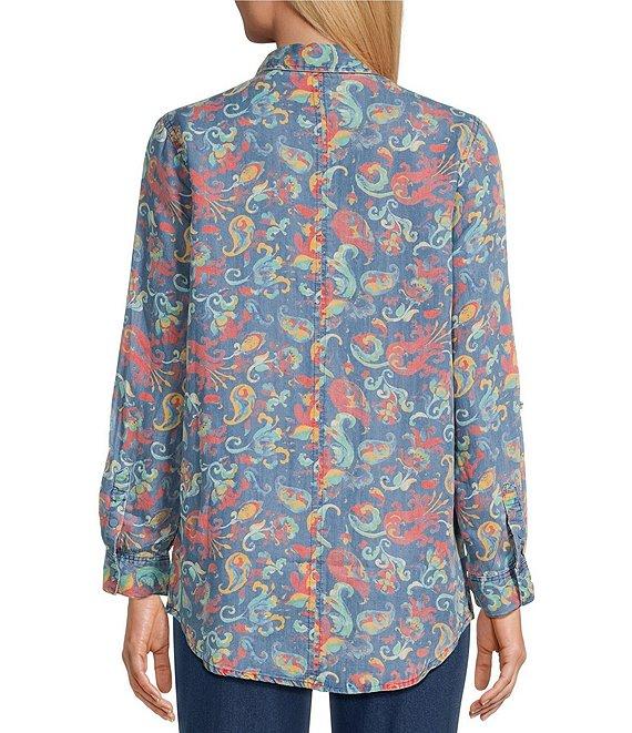 Intro Lyocell Floral Paisley Print Collared Long Roll-Tab Sleeve Snap Front Shirt Product Image