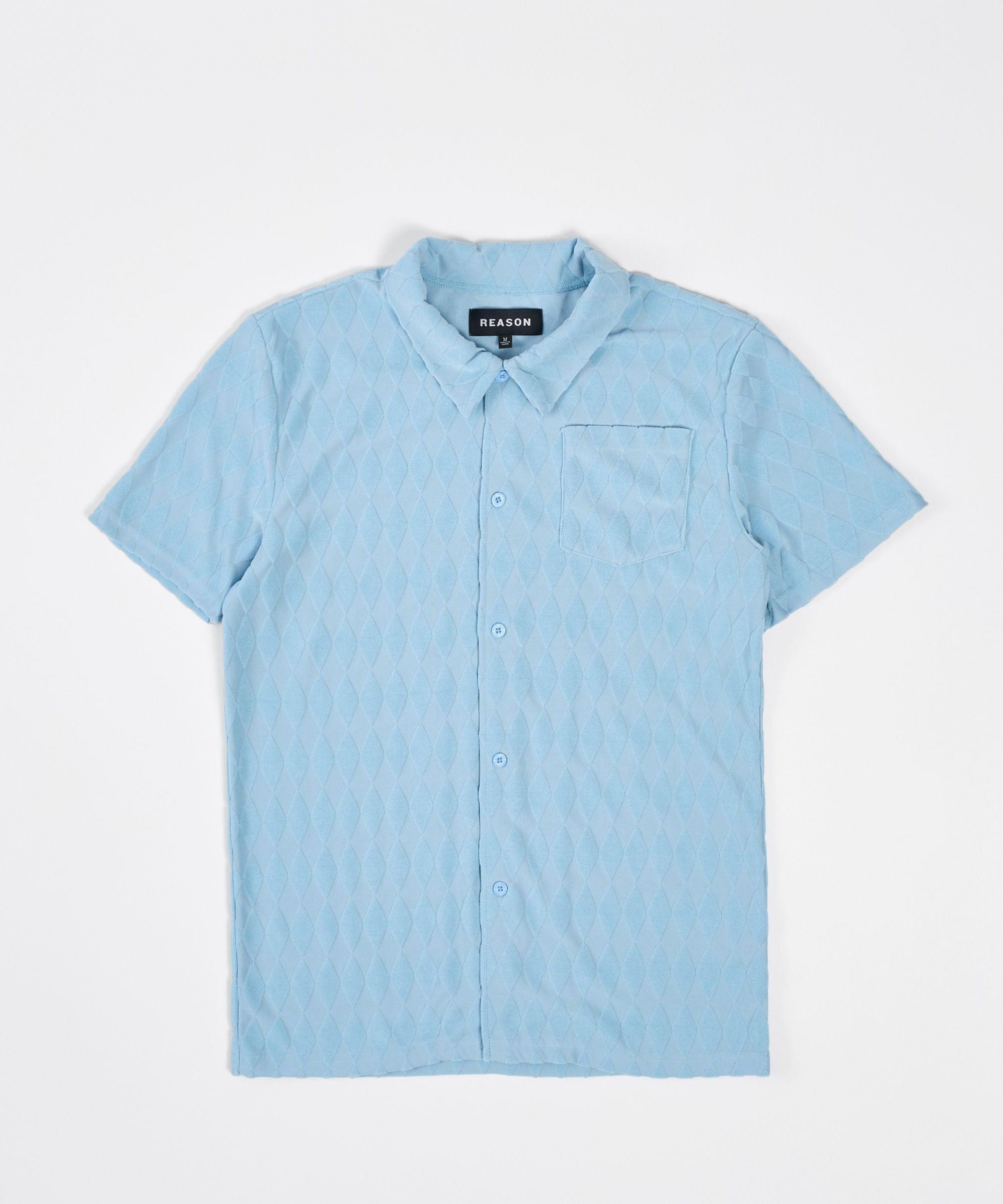 Diamond Plate Towel Color Blocked Short Sleeve Button Down Shirt - Light Blue Product Image