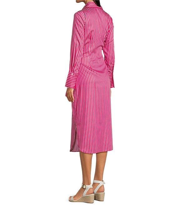 J.McLaughlin Orla Stripe Shirt Collar Long Sleeve Tie Waist Button Front Midi Dress Product Image