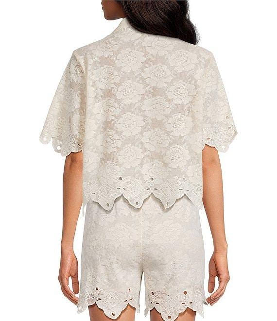 A Loves A Woven Embroidered Lace Notch Lapel Button Front Short Sleeve Scallop Trim Coordinating Shirt Product Image