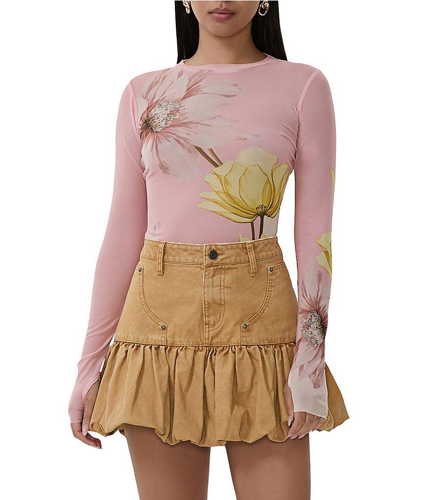 AFRM Kaylee Mesh Floral Print Crew Neck Long Sleeve Top Product Image