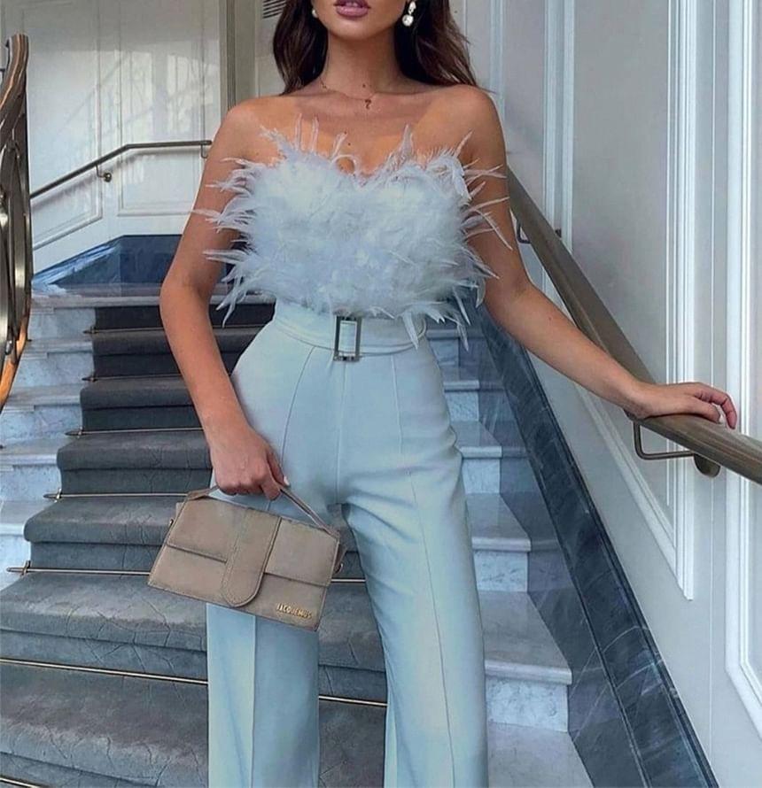 Strapless Plain Feather Accent Wide Leg Jumpsuit Product Image