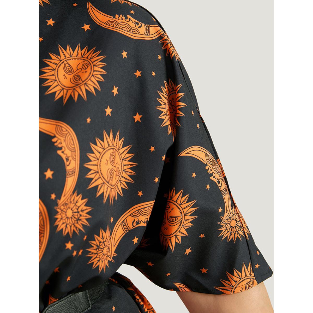 Plus Size Halloween Moon & Star Print Open Front Split Hem Kimono Women DarkBlue Casual Printed Dailywear Kimonos BloomChic 10/M Product Image