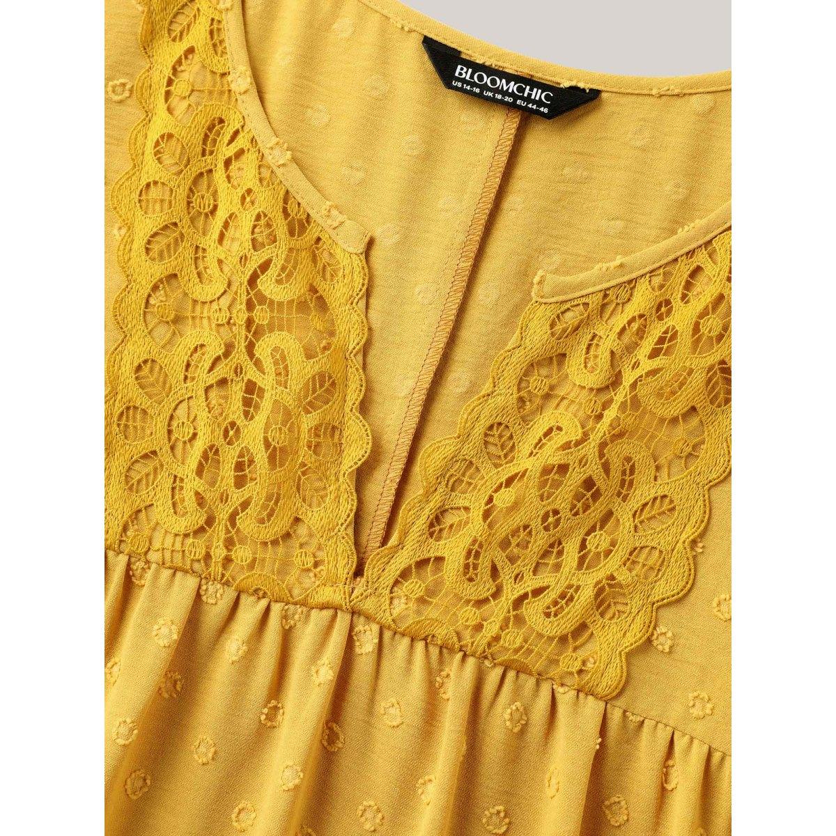 Plus Size Textured Cut-Out Lace Pockets Midi Dress Turmeric Women Boho Flat collar Short sleeve Curvy BloomChic 22-24/3X Product Image