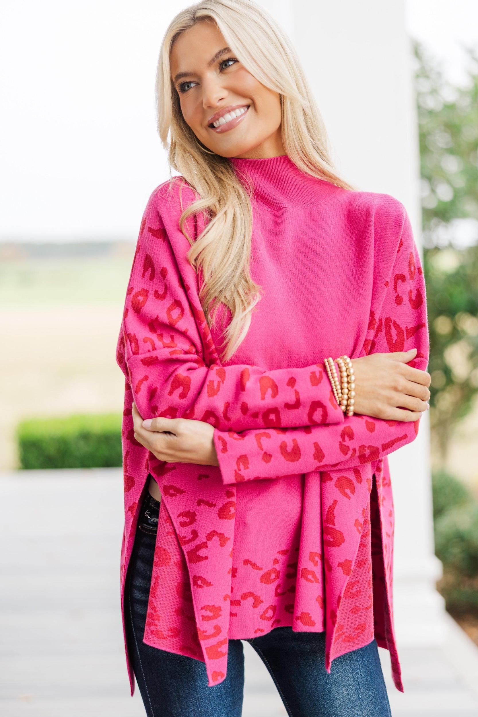 All In Theory Fuchsia Pink Leopard Sweater Tunic Female Product Image