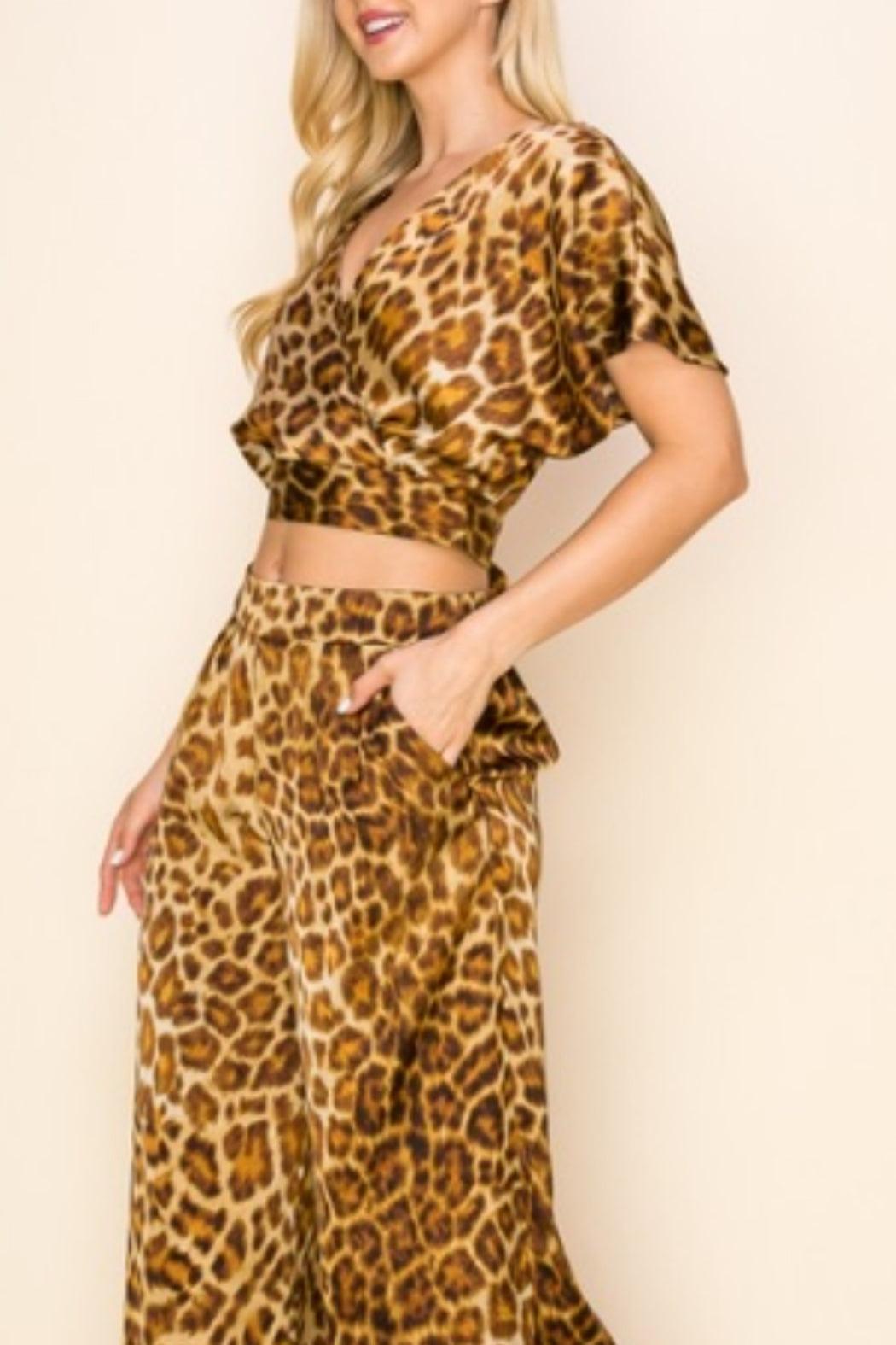 Leopard Print Crop Top and Full Pant Set Product Image