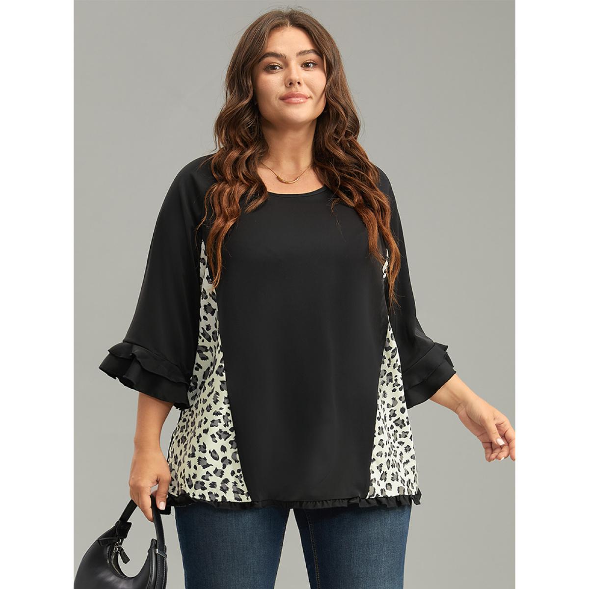 Plus Size Black Leopard Print Patchwork Frill Trim Blouse Women Elegant Elbow-length sleeve Round Neck Dailywear Blouses BloomChic 28/5X Product Image