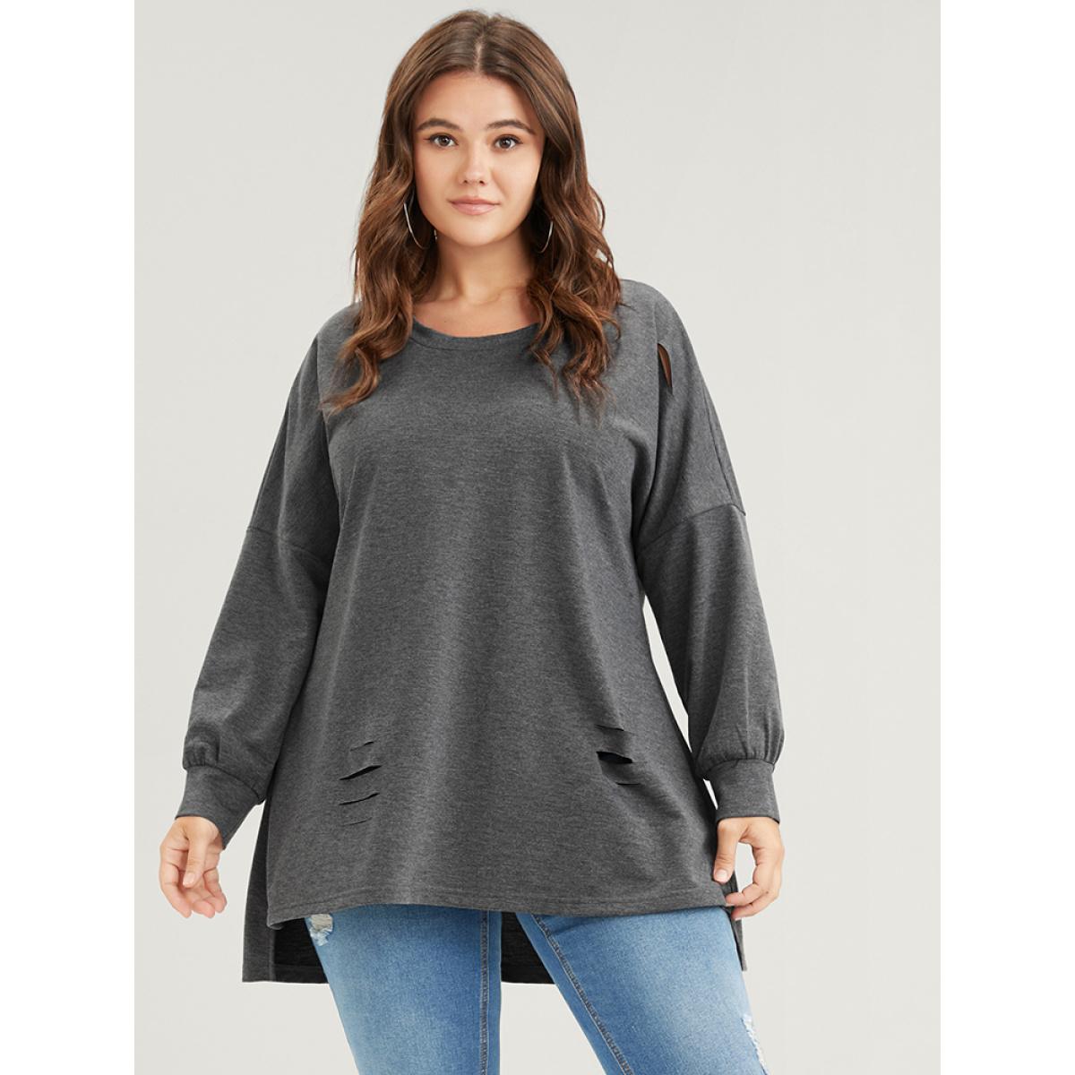 Plus Size Solid Asymmetrical Hem Distressed Drop Shoulder Sweatshirt Women DimGray Casual Plain Round Neck Dailywear Sweatshirts BloomChic 12/L Product Image