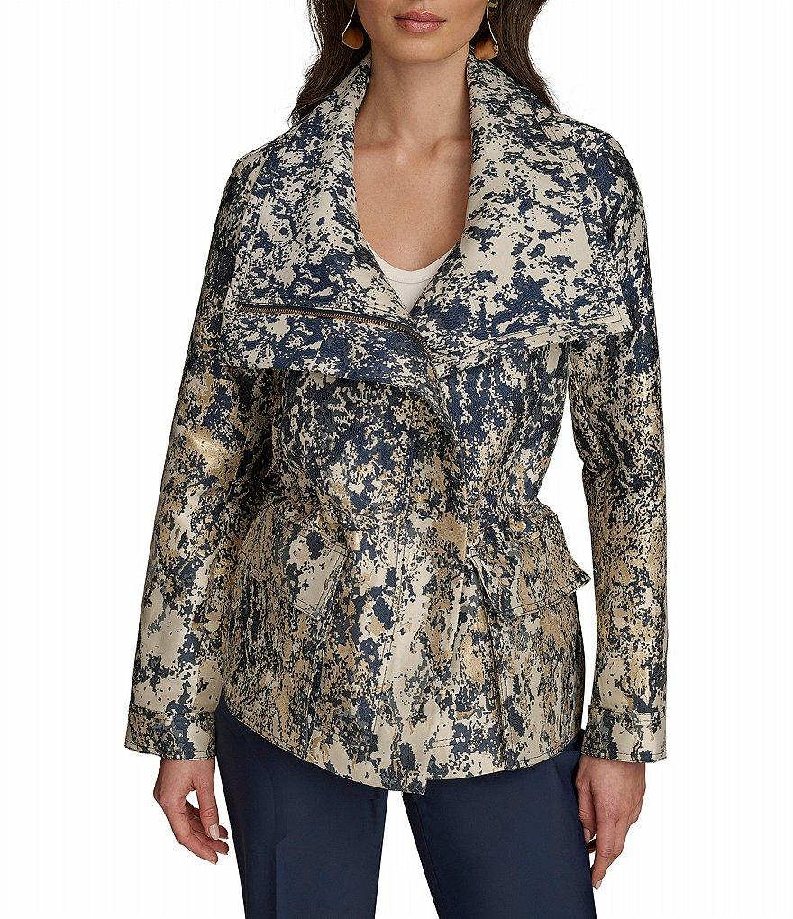 Donna Karan Metallic Jacquard Foldover Collar Elasticized Waist Full Zip Jacket Product Image