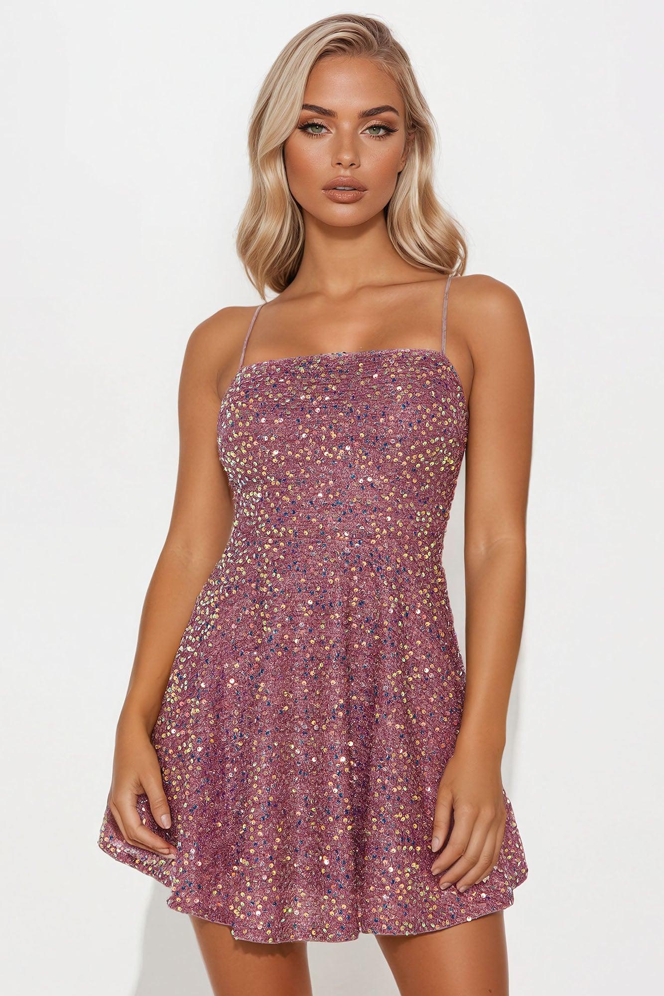 Shania Square Neck Sequin Mini Dress - Pink Product Image