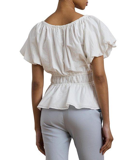 Lauren Ralph Lauren Woven Round Neck Short Sleeve Eyelet Embriodered Peplum Blouse Product Image