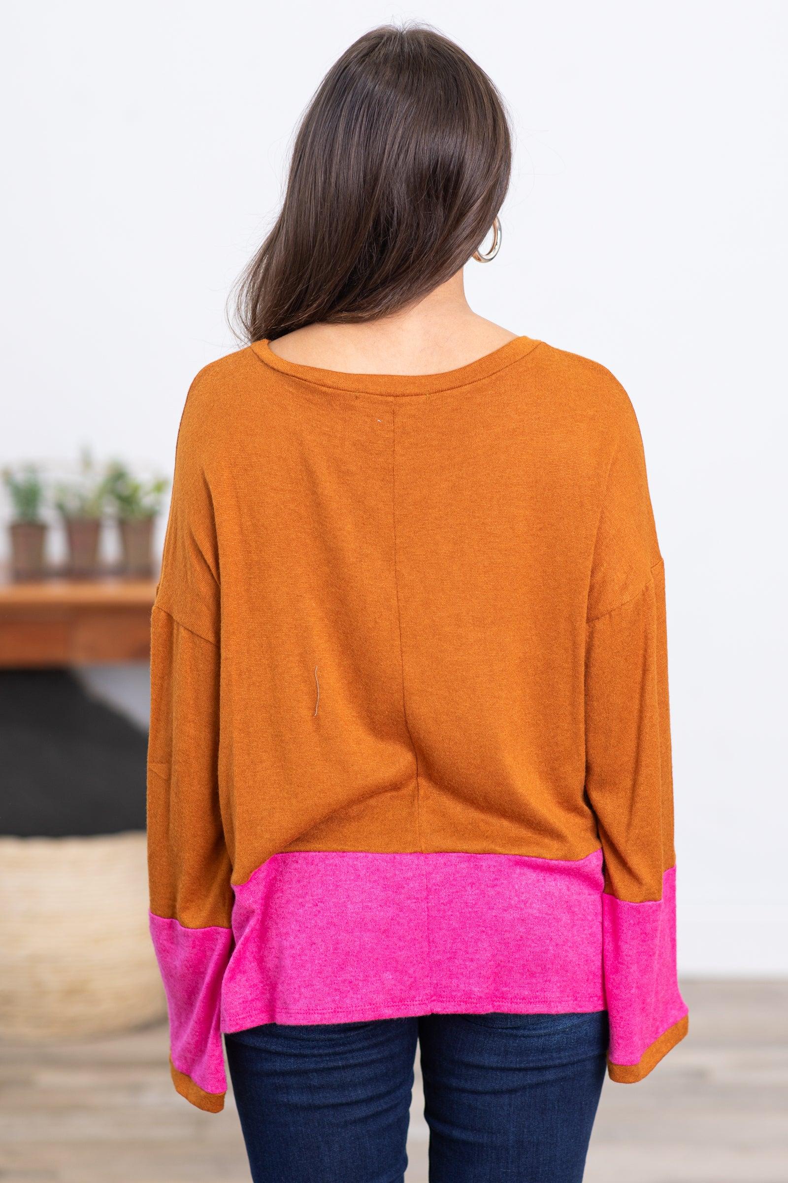 Cognac and Hot Pink Colorblock Bell Sleeve Top Product Image