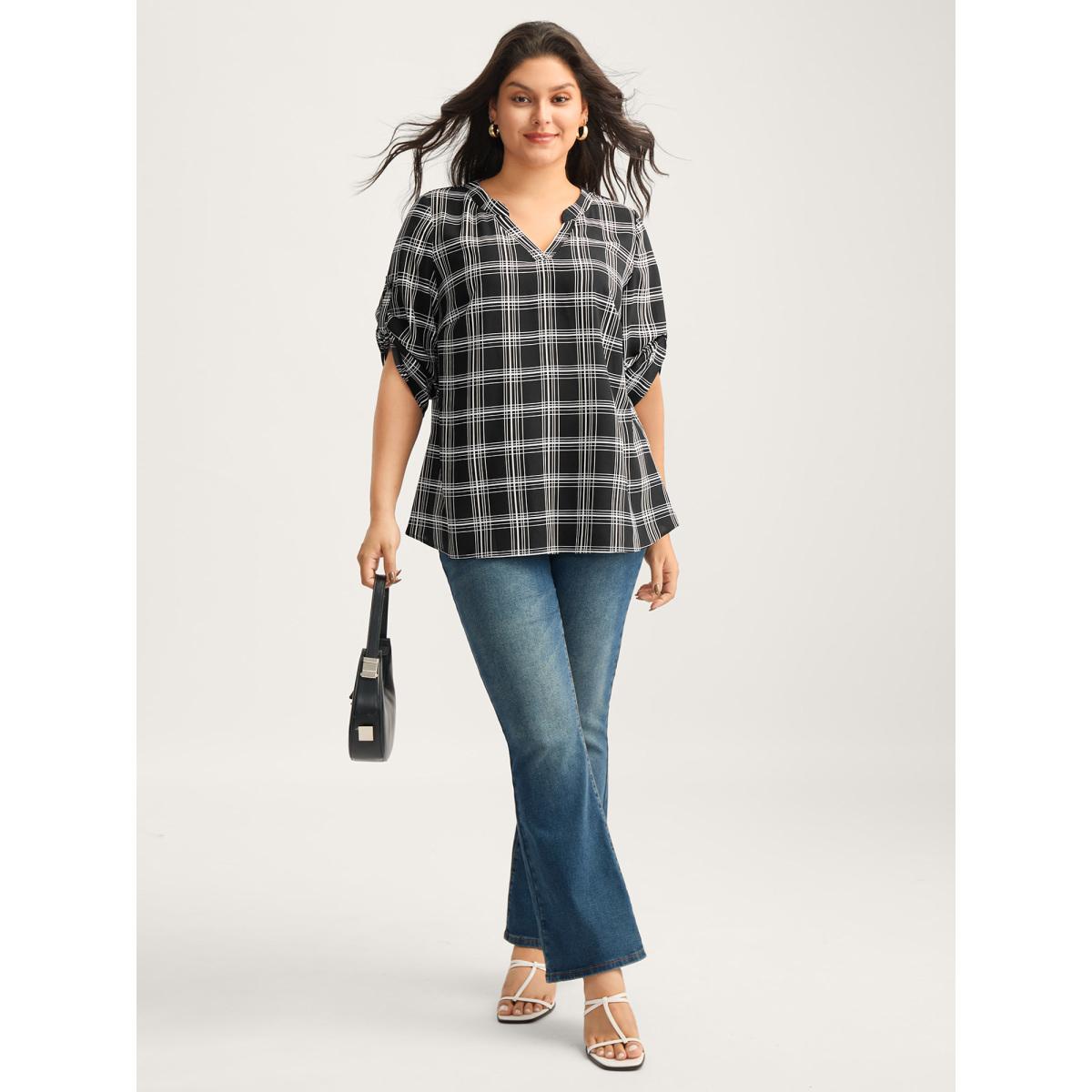Plus Size Black Plaid Print Tab Sleeve Notched Blouse Women Elbow-length sleeve Flat collar with V-notch Work Blouses BloomChic 26/4X Product Image