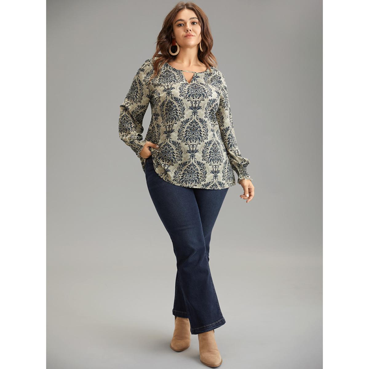 Plus Size Multicolor Bandana Print Keyhole Shirred Lantern Sleeve Blouse Women Vacation Long Sleeve Keyhole Cut-Out Vacation Blouses BloomChic 12/L Product Image