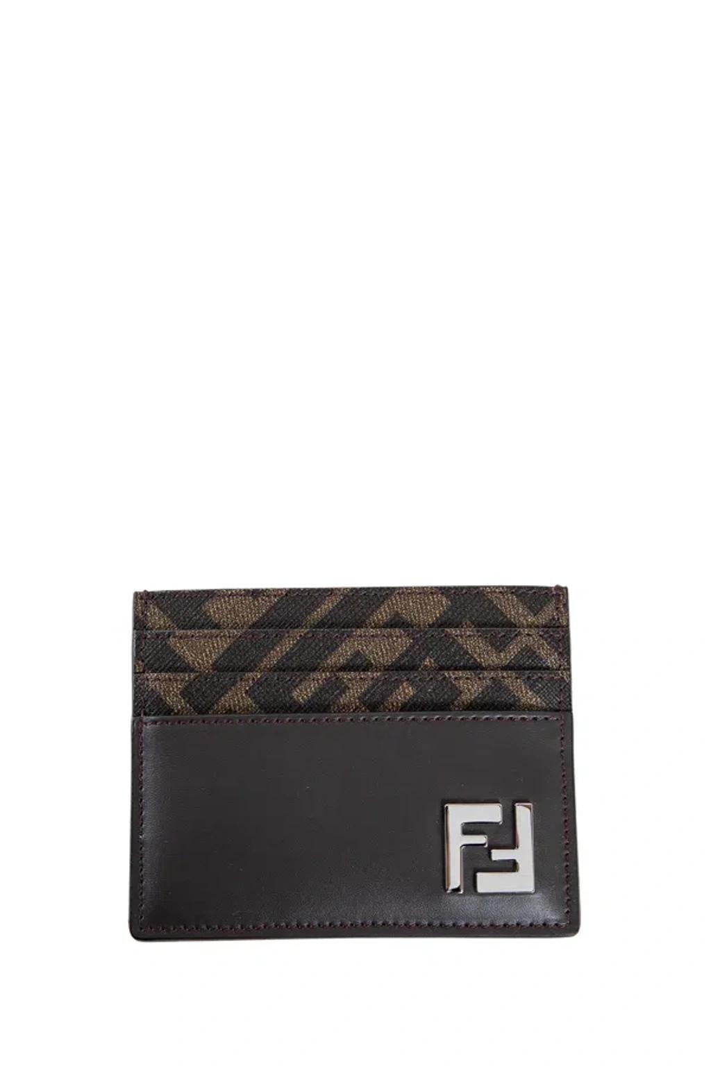 FENDI Brown Card-holder With Squared Ff Motif In Leather And Ff Canvas Man In Ebony Product Image