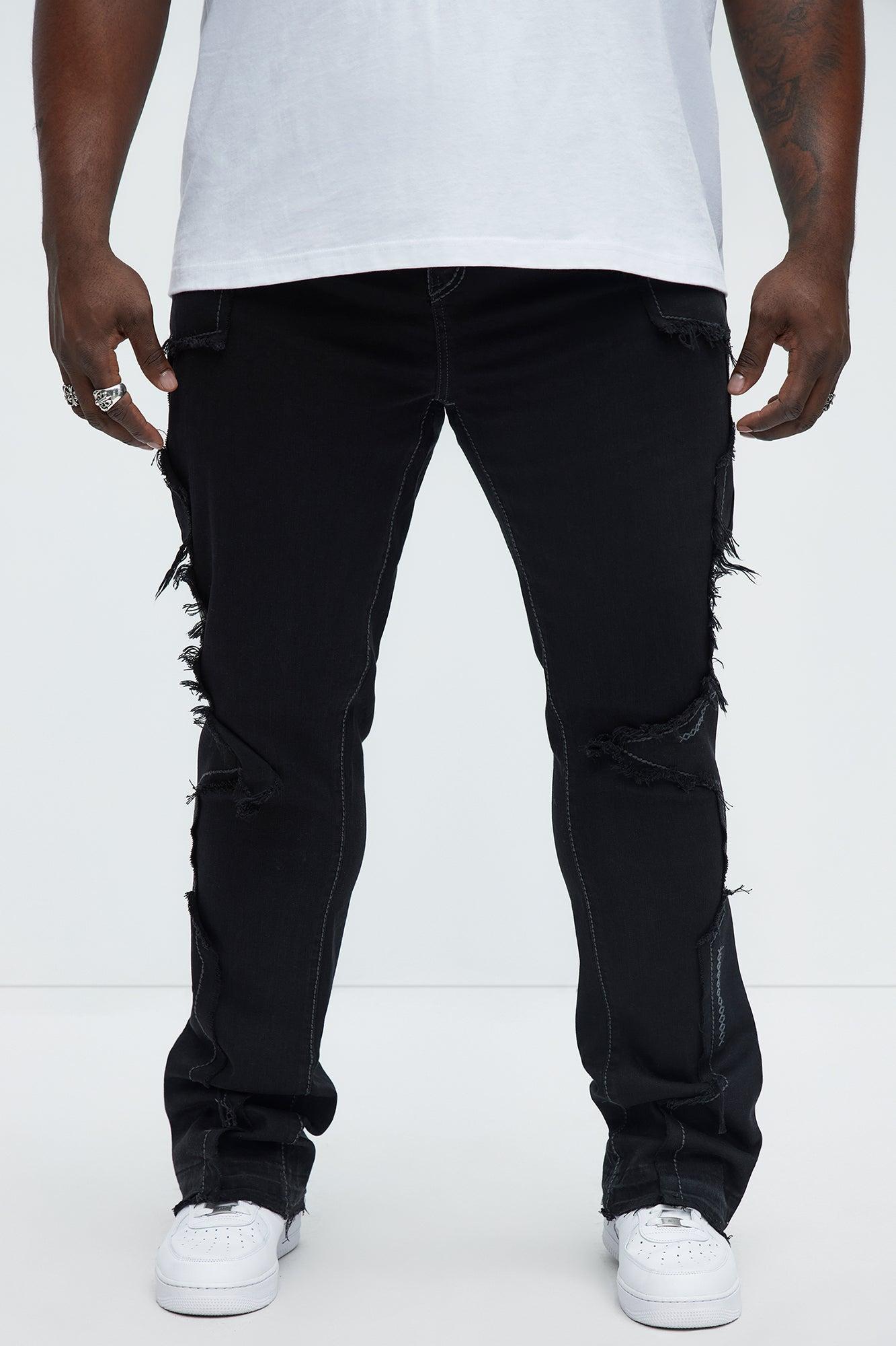 Stacked Skinny Flare Taking It Back Contrast Stitched Fray Jeans - Black Product Image