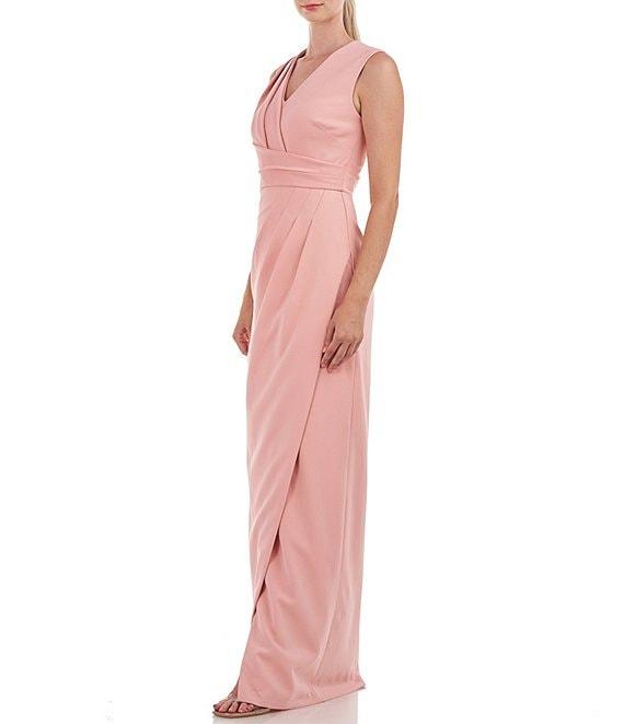 Kay Unger Stretch V-Neck Sleeveless Pleated Bodice Gown Product Image