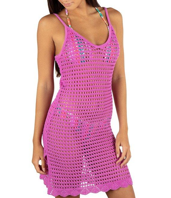 Hurley Solid Crochet Knit V-Neck Spaghetti Straps Swim Cover-Up Mini Dress Product Image
