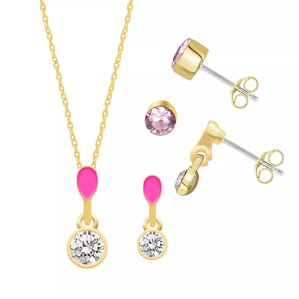 Royal Aura Gold Tone Pink Enamel & Crystal Pendant Necklace, Drop Earrings, & Stud Earrings Set, Women's, Size: 17" Product Image