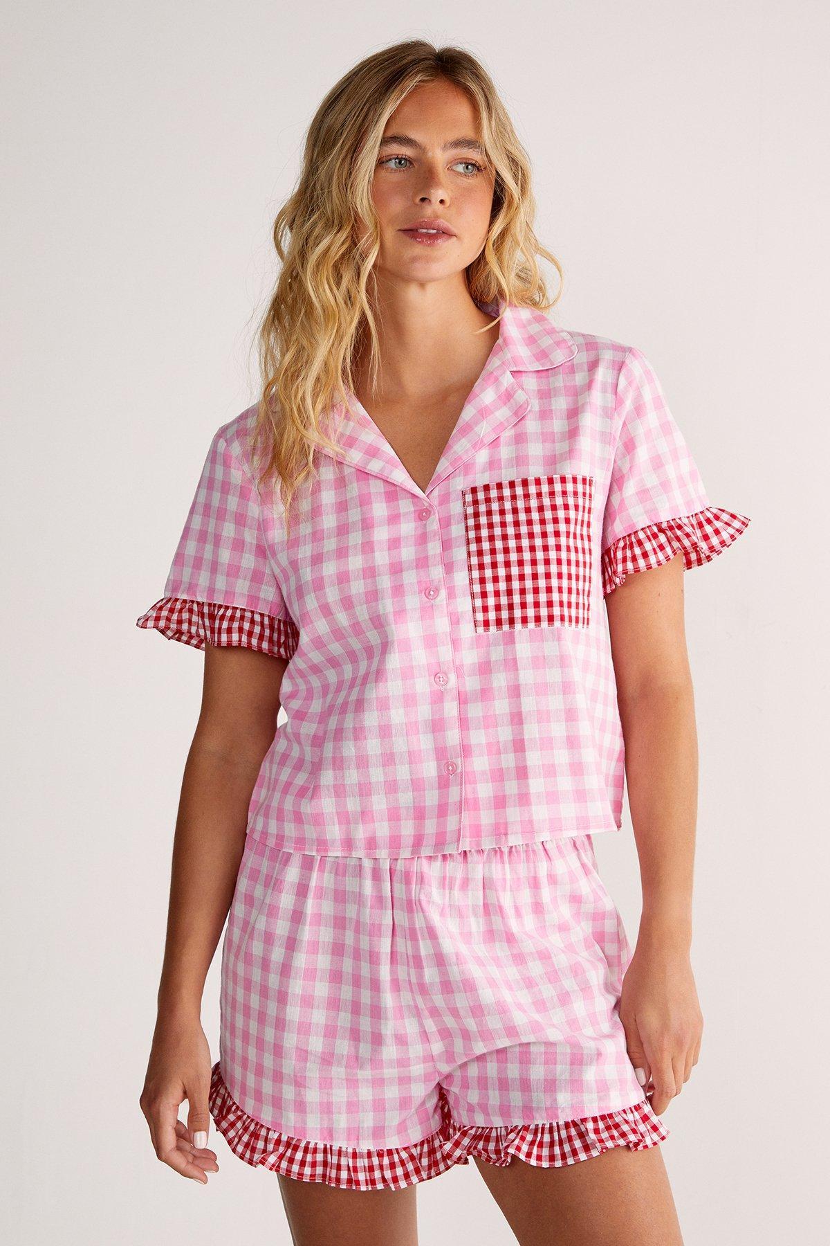 Gingham Contrast Ruffle Pajama Shorts Set Product Image