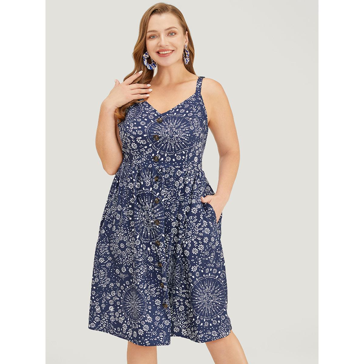 Plus Size Moroccan Print Pocket Button Detail Cami Dress Indigo Women Vacation Adjustable Straps V-neck Sleeveless Curvy Knee Dress BloomChic 12/L Product Image