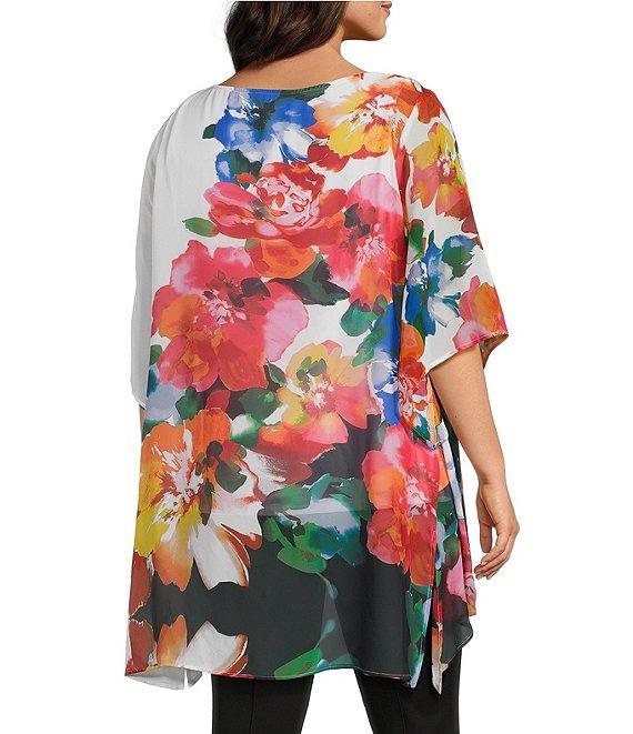 Slim Factor by Investments Plus Size Fragrant Floral Print Boat Neck 3/4 Sleeve Lined Tunic Product Image