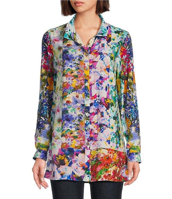 John Mark Mixed Floral Print Woven Wire Collar 3/4 Roll Tab Sleeve Button Front Top Product Image