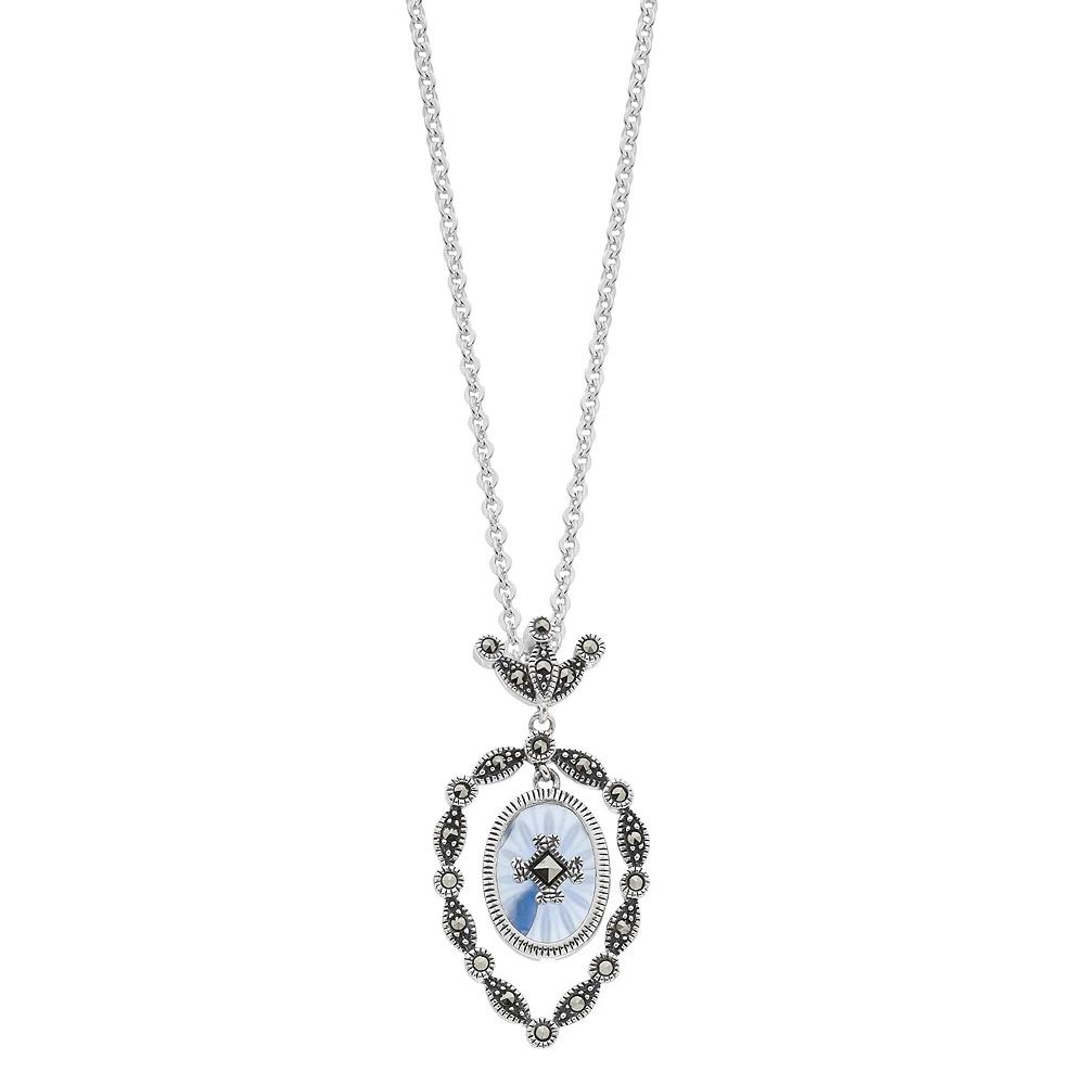 Lavish by TJM Sterling Silver Blue Sunray Crystal & Marcasite Pendant Necklace, Women's, Size: 18" Product Image