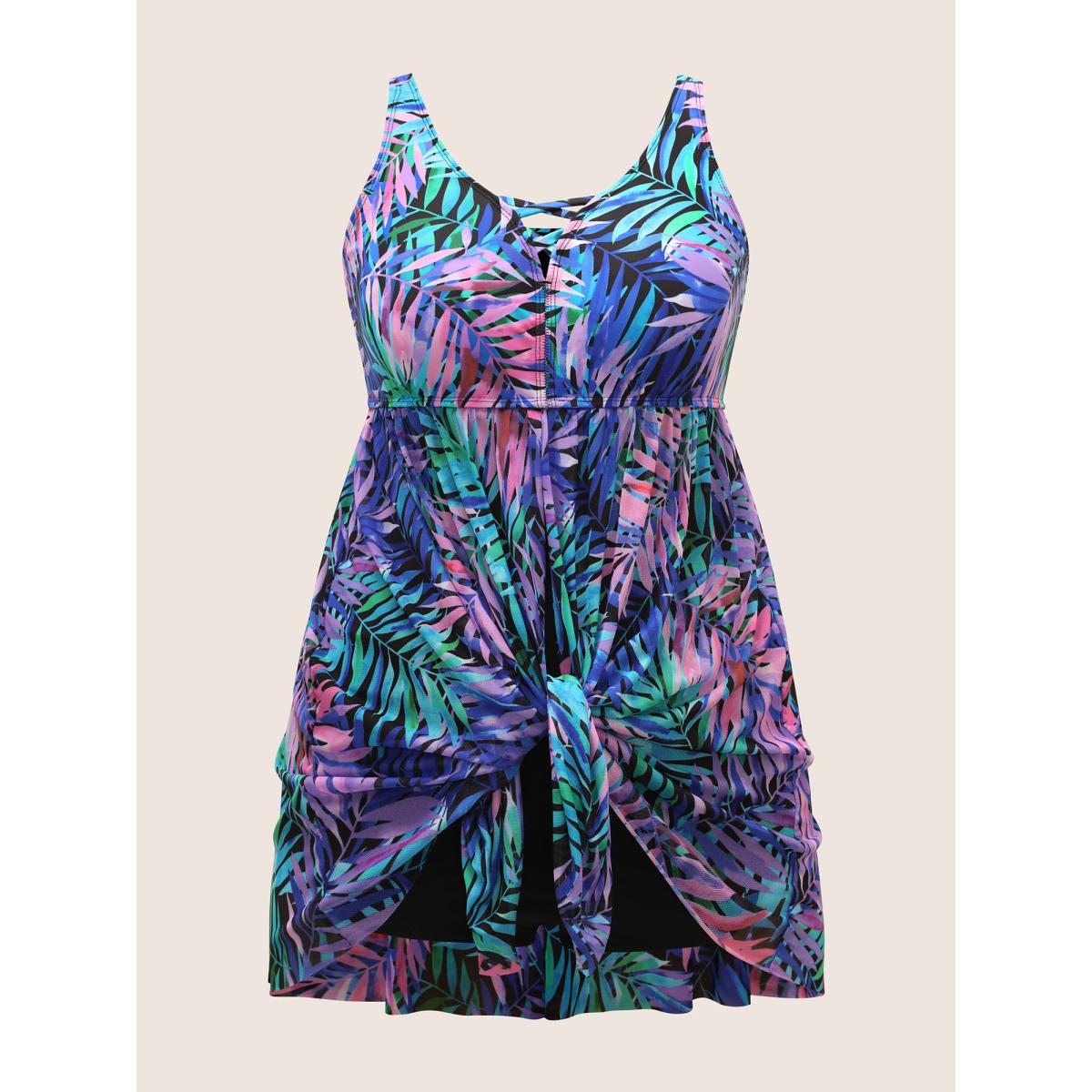 Plus Size Tropical Print Crisscross Split Hem Swim Dress Women's Swimwear Multicolor Beach Bodycon Heart neckline High stretch Curve Swim Dresses BloomChic 18-20/2X Product Image