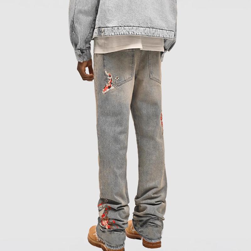 Men's Stretch Patch Embroidered Denim Straight Pants Product Image