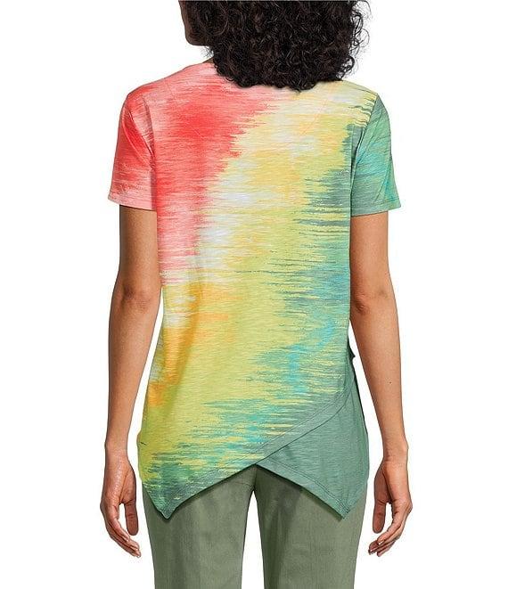 Allison Daley Brushstroke Ombre Print Short Sleeve Crew Neck Handkerchief Hem Slub Jersey Knit Top Product Image
