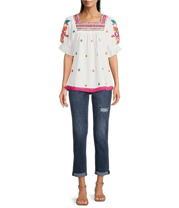 Calessa Petite Size Embroidered Square Neck Short Puff Sleeve Tassel Hem Detail Tunic Product Image