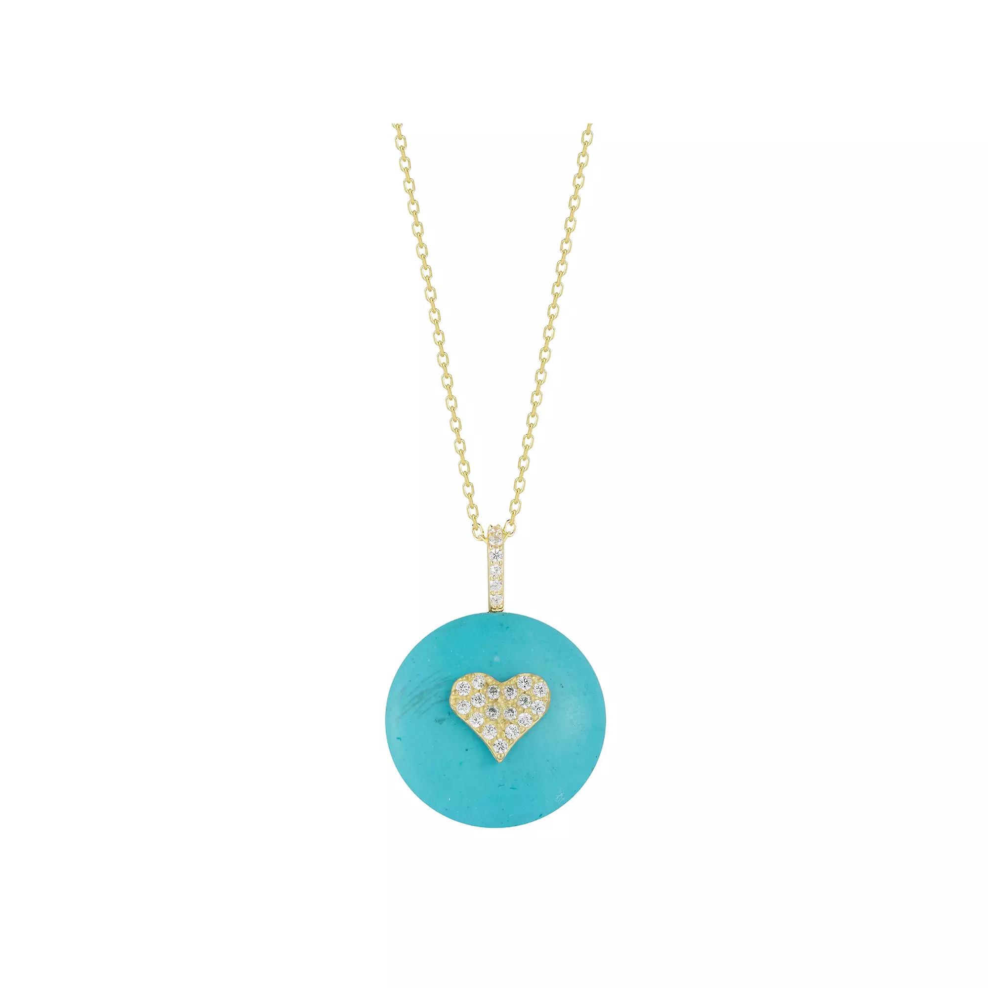 Sunkissed Sterling 14k Gold Over Silver Cubic Zirconia & Simulated Turquoise Heart Necklace, Women's, Size: 17", Gold Tone Product Image