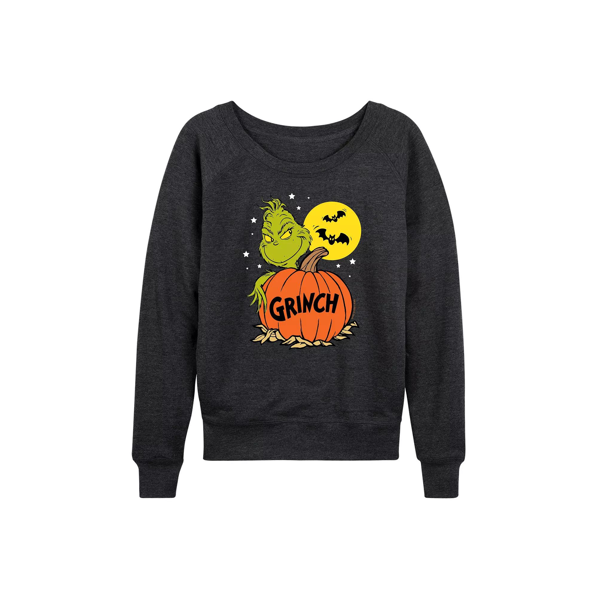 Women's Dr. Seuss Grinch Halloween Pumpkin French Terry Long Sleeve Tee,  Product Image