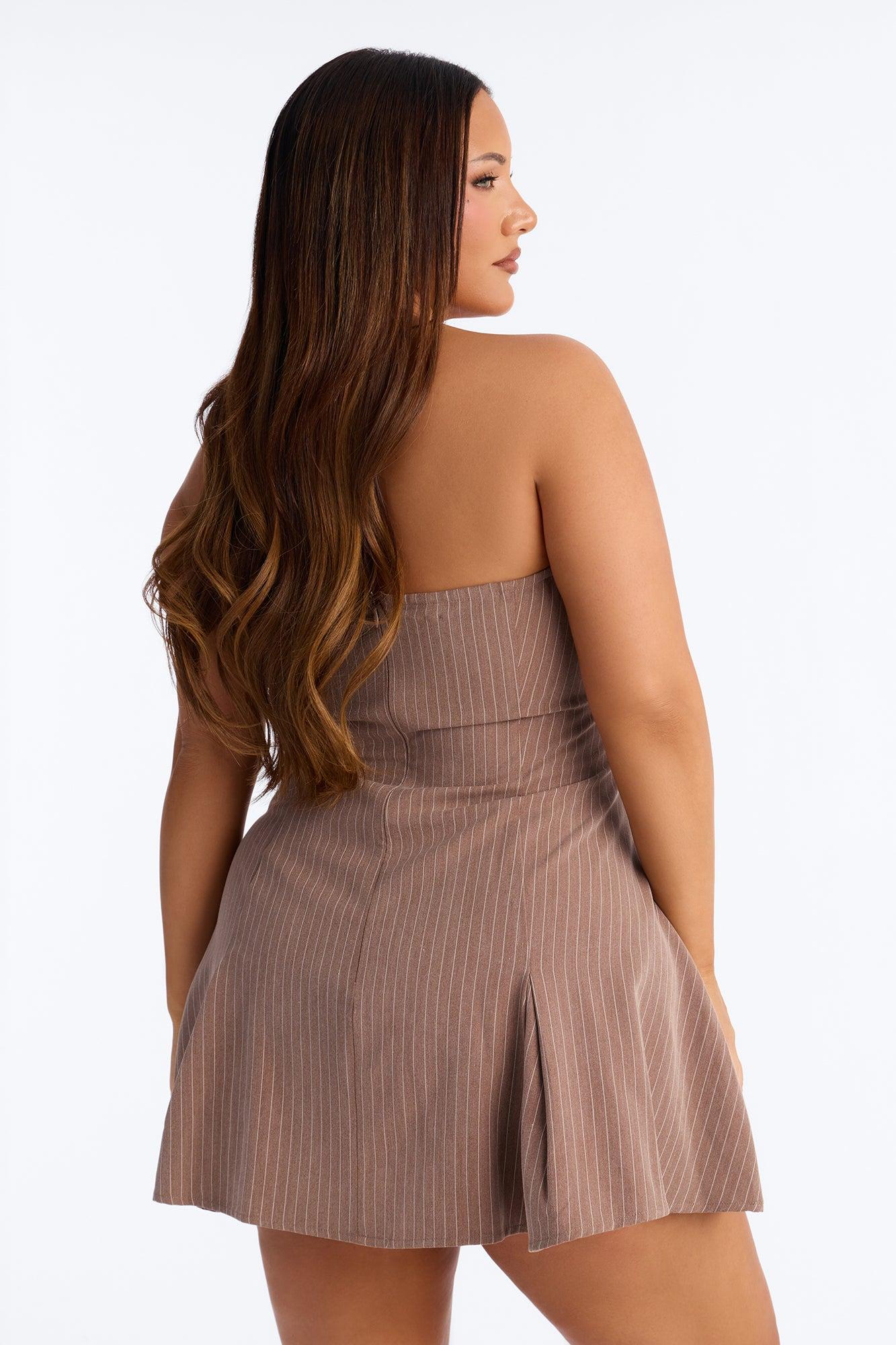 High Priority Strapless Pinstripe Mini Dress - Taupe Female Product Image
