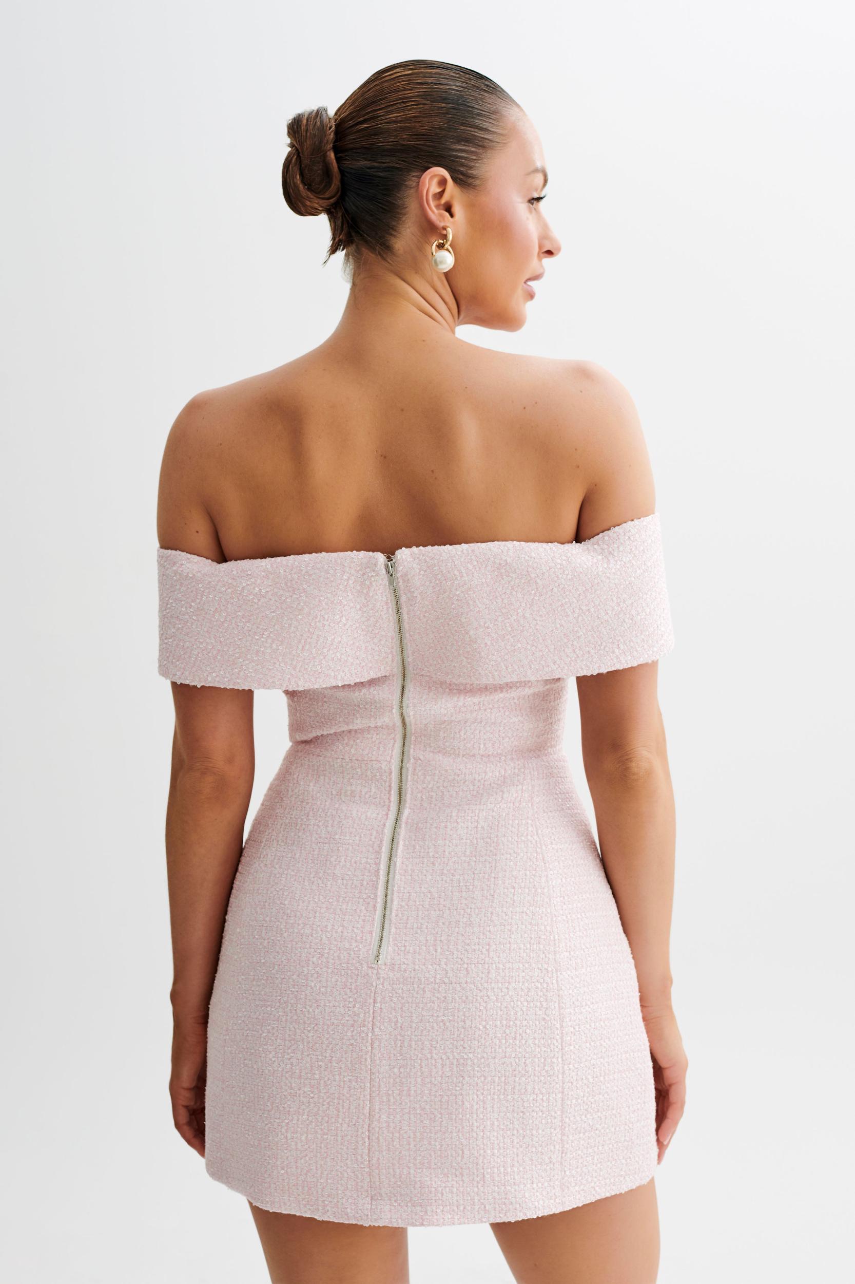 Helena Tweed Off Shoulder Mini Dress - Pink Product Image