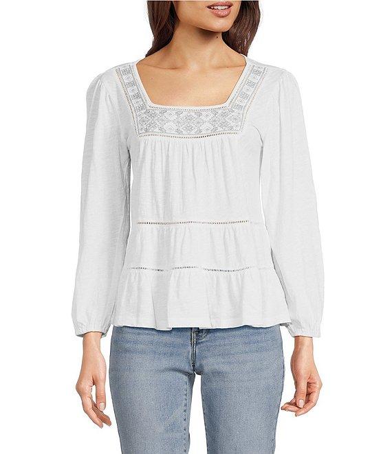 Lucky Brand Lace Square Neck Long Sleeve Embroidered Tiered Top Product Image