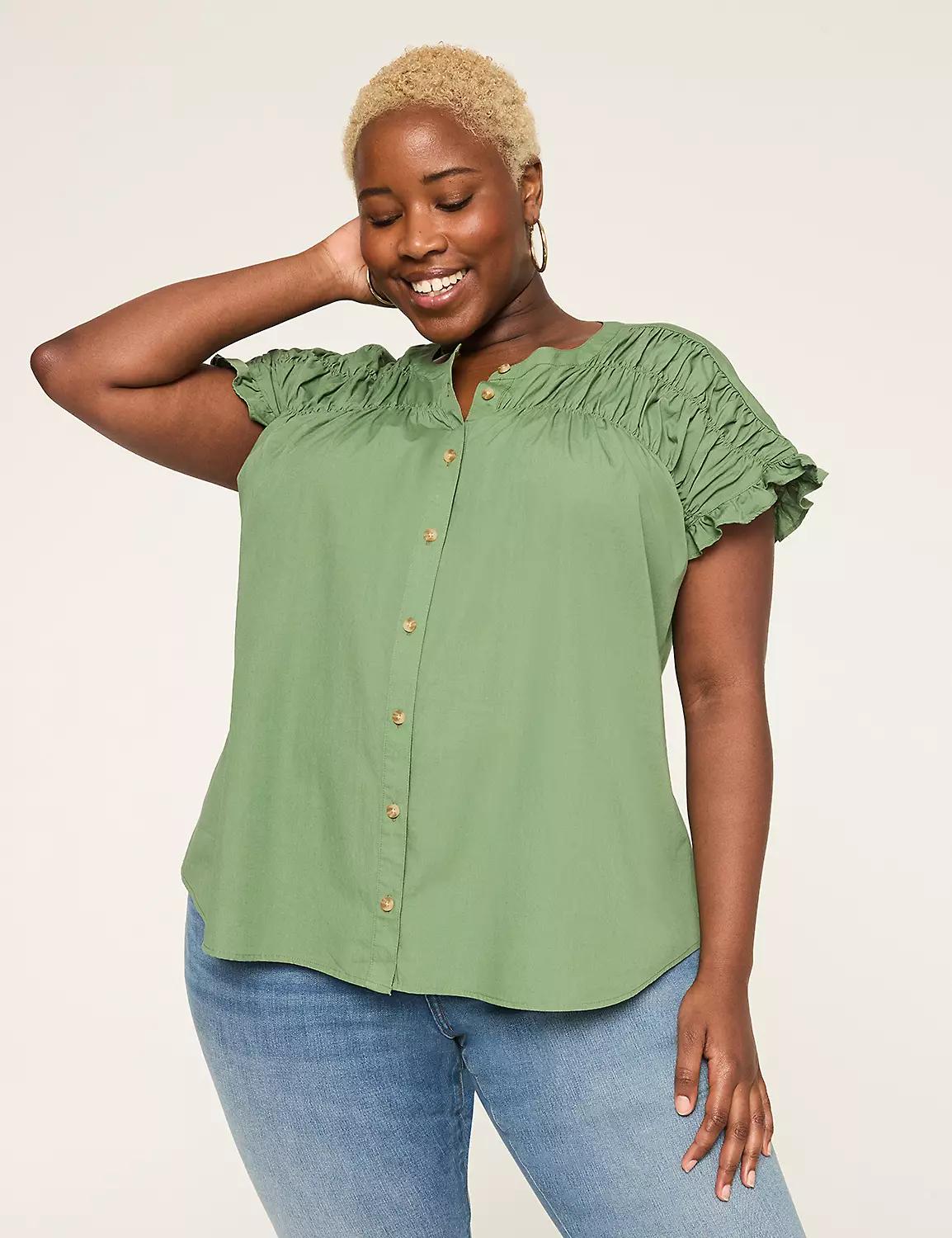 Relaxed Shirred Dolman-Sleeve Button-Down Blouse Product Image