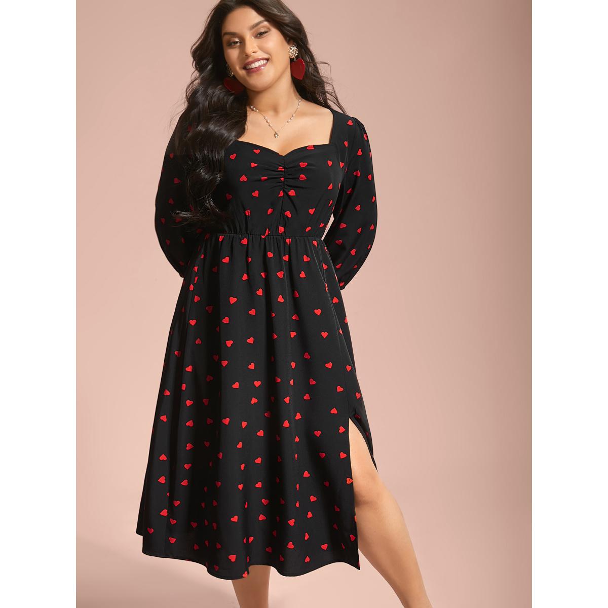 Plus Size Sweetheart Neckline Side Slit Midi Dress Black Women Elegant Gathered Heart neckline Elbow-length sleeve Curvy BloomChic 12/L Product Image