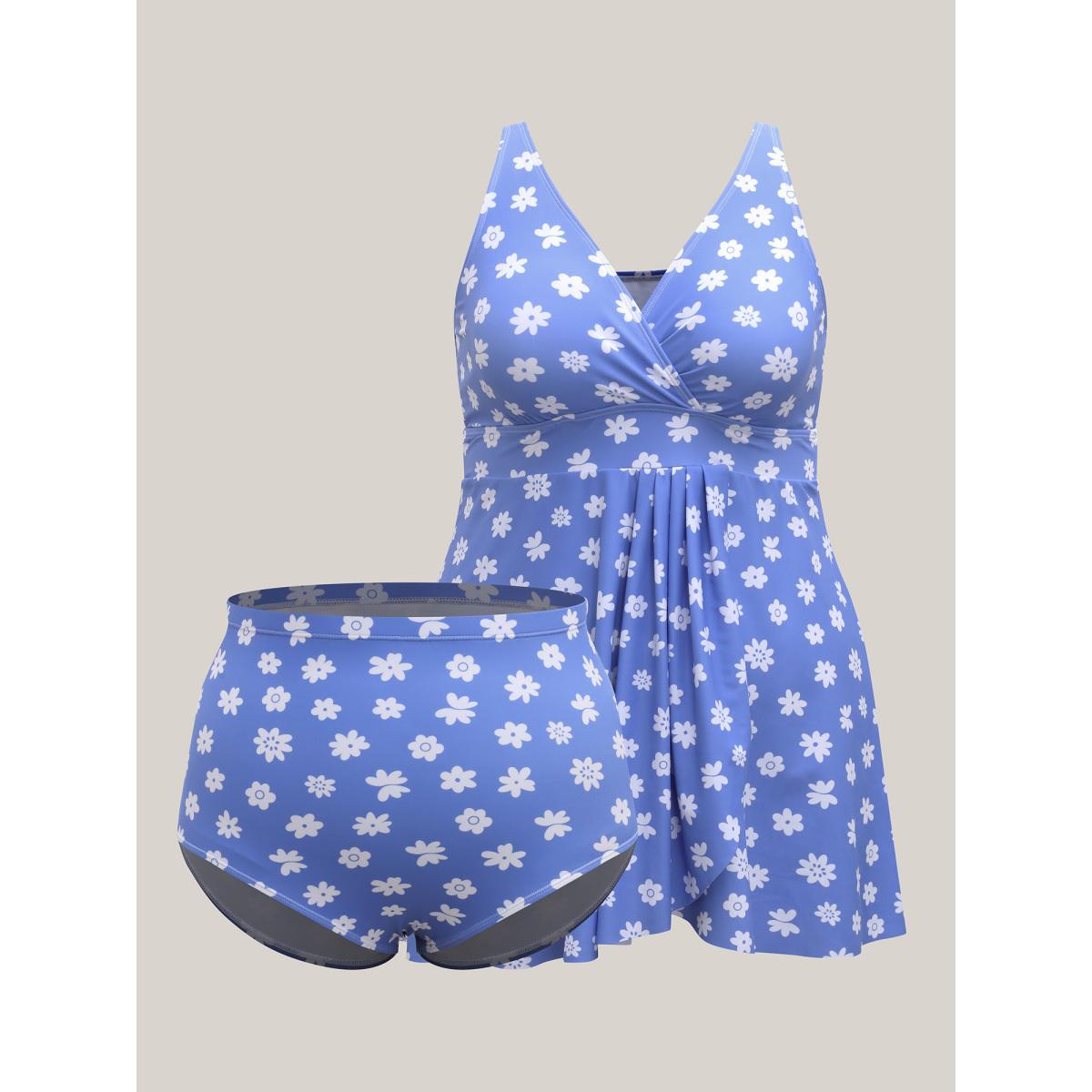 Plus Size Sweet Floral Print Pendulum Hem Swim Dress Women's Swimwear LightBlue Resort Bodycon Overlap Collar High stretch Curve Swim Dresses BloomChic 22-24/3X Product Image